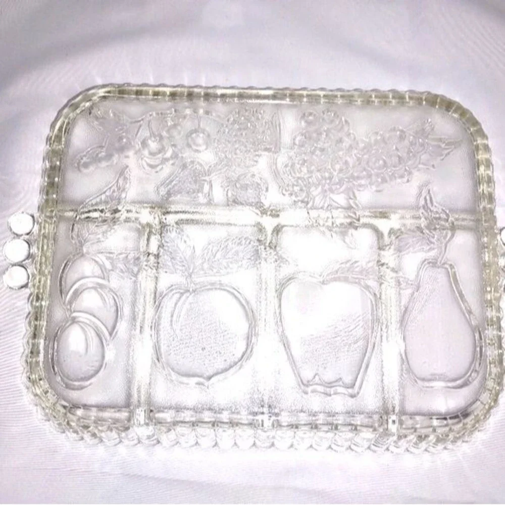 Vintage Indiana Clear Glass Fruit‎ Themed Divided Rectangular Platter